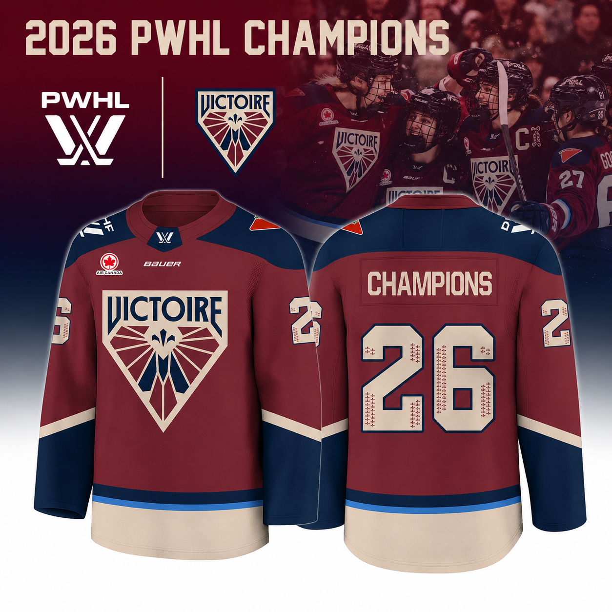 The Victoire 2026 PWHL Champions Jersey Red