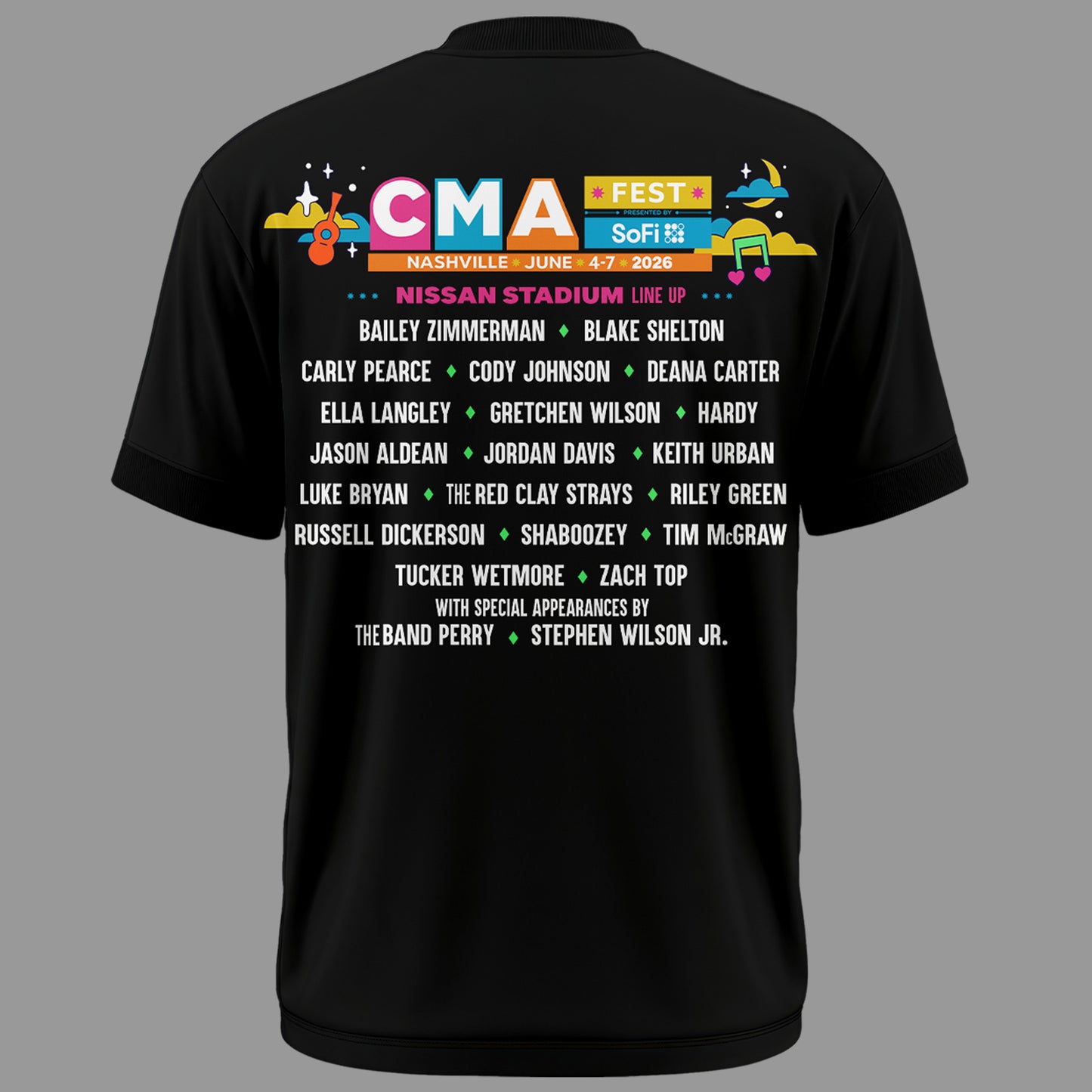 Limited Edition CMA FEST Nissan Stadium All Singers Line Up Black Tshirt 2026