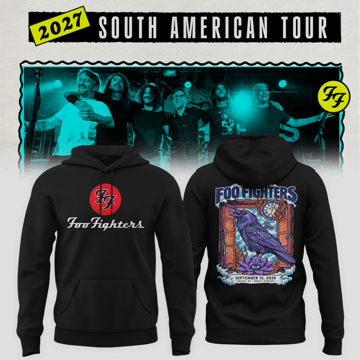 Foo Fighters Tour Poster Artwork Featuring Purple Raven Clock And Lotus Flower Hoodie