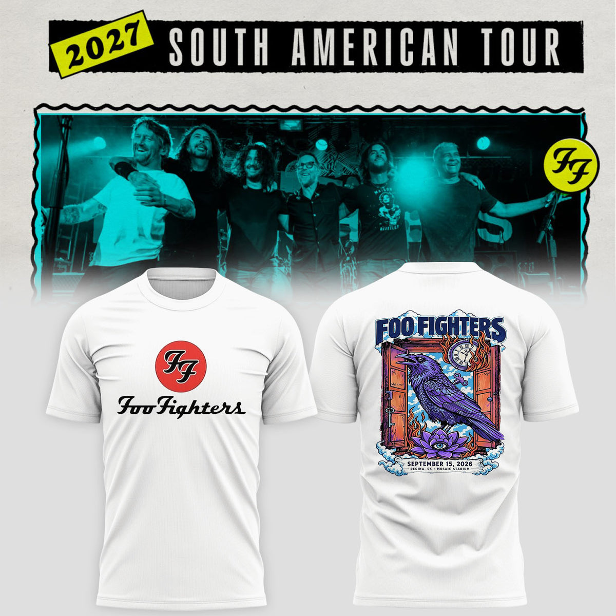 Foo Fighters Tour Poster Artwork Featuring Purple Raven Clock And Lotus Flower T-Shirt