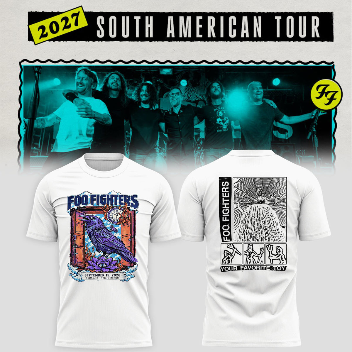 Foo Fighters Tour Poster Artwork Featuring Purple Raven Clock And Lotus Flower T-Shirt