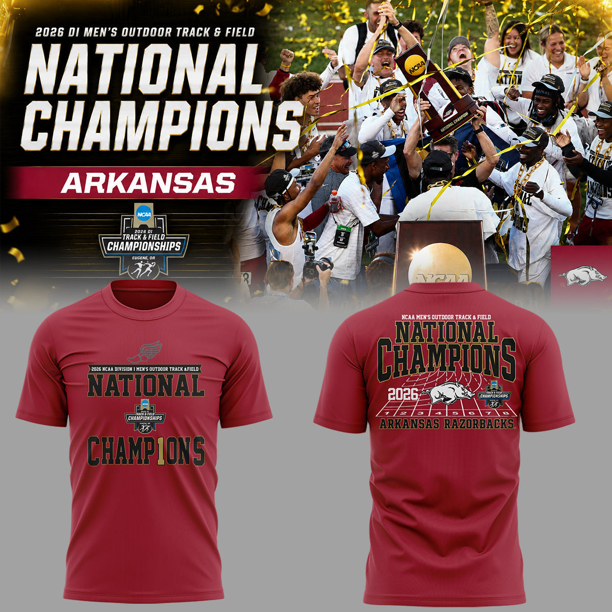 Razorbacks 2026 D1 Men’s Outdoor Track&Field National Champions Shirt