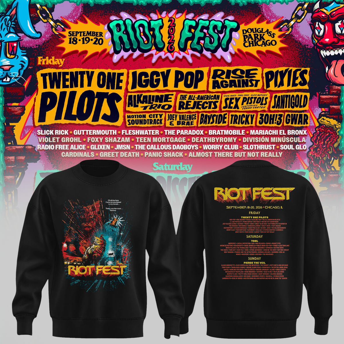 Riot Fest Collection Merch Chicago IL, September 18 20 2026 Two Sided Unisex Sweater
