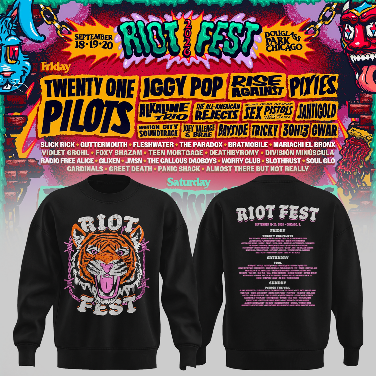 Riot Fest Collection Merch Chicago IL, September 18 20 2026 Two Sided Unisex Sweater