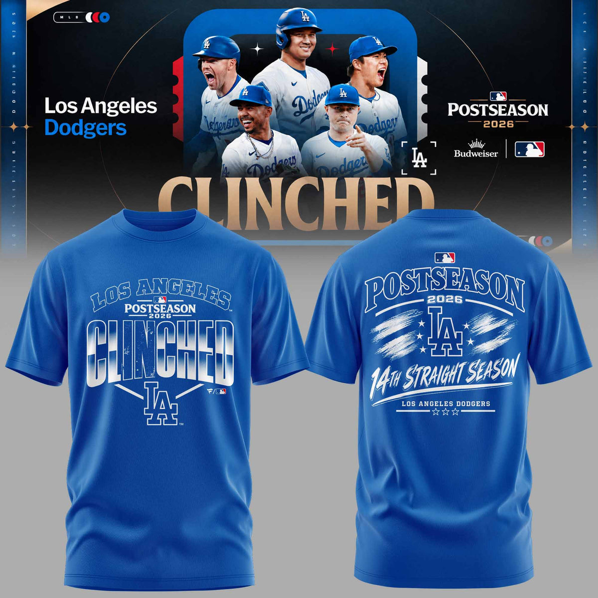 .Los Angeles Dodgers 2026 Postseason Clinched 3D All-Over Print Graphic T-Shirt V4
