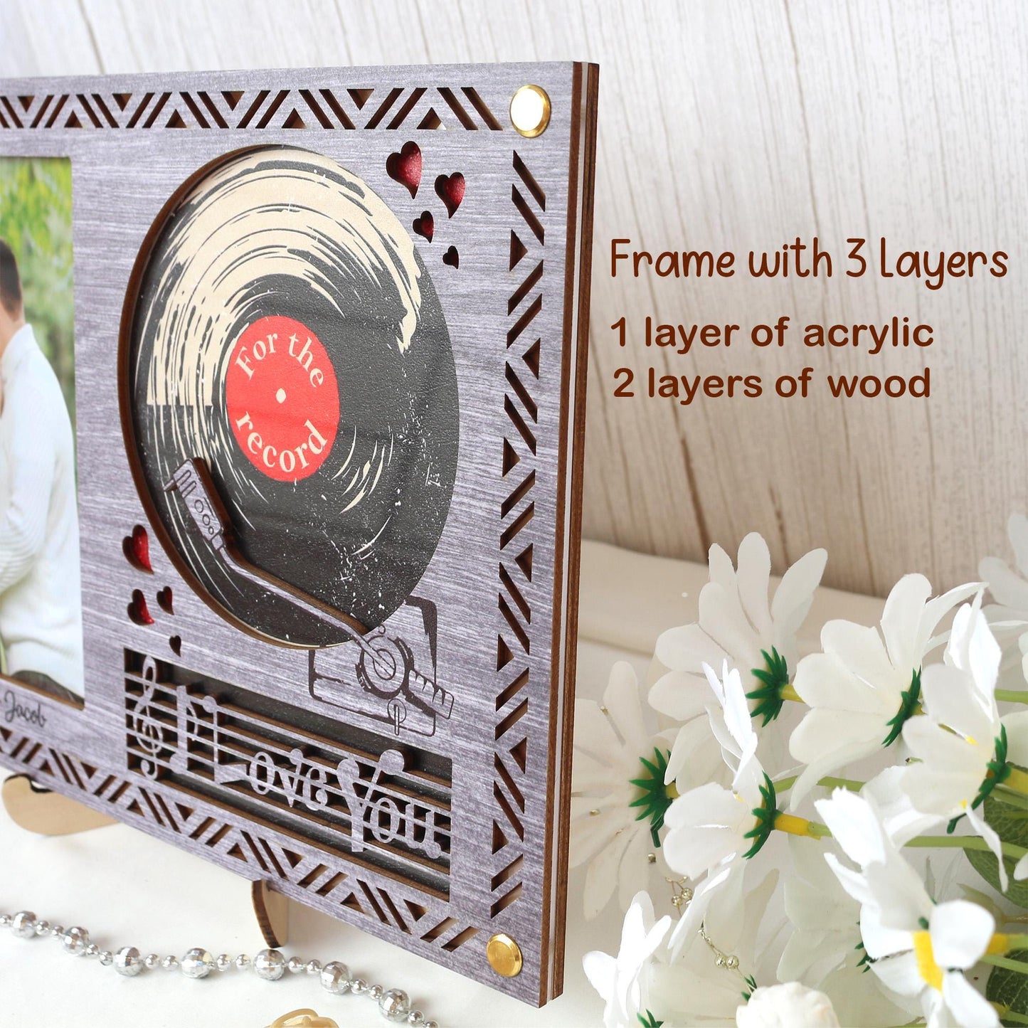 Wooden Picture Frame Personalized Photo Frame With Record Design, Unique Gift for Anniversary, Wedding Decor, Valentines Day