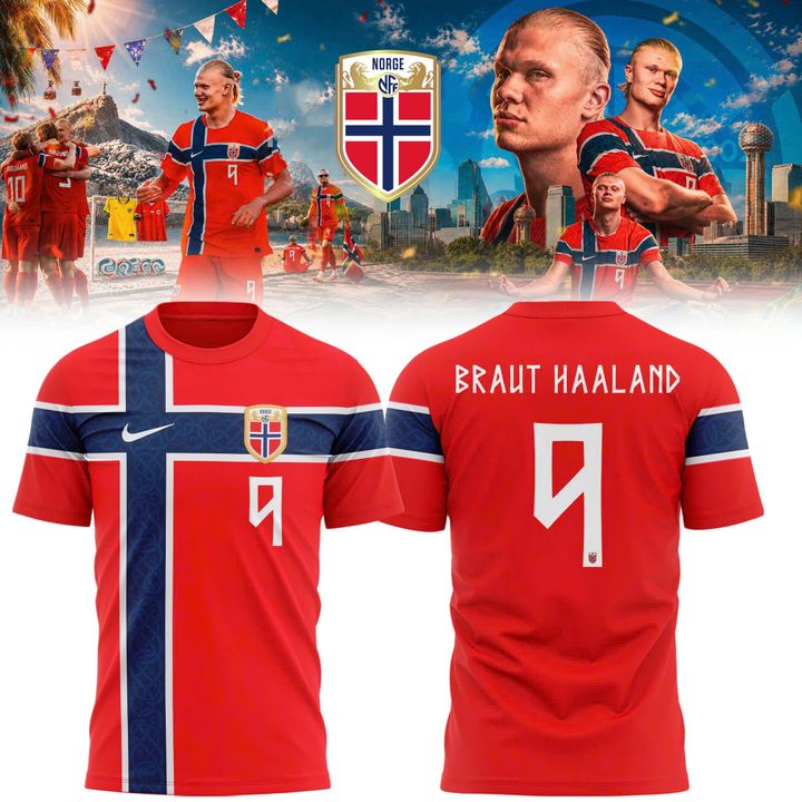 Braut Haaland Number 9 Norway National Team Shirt - Scarlet Red and Navy