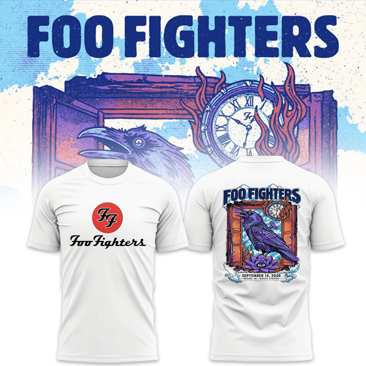 Foo Fighters Tour Poster Artwork Featuring Purple Raven Clock And Lotus Flower Tshirt