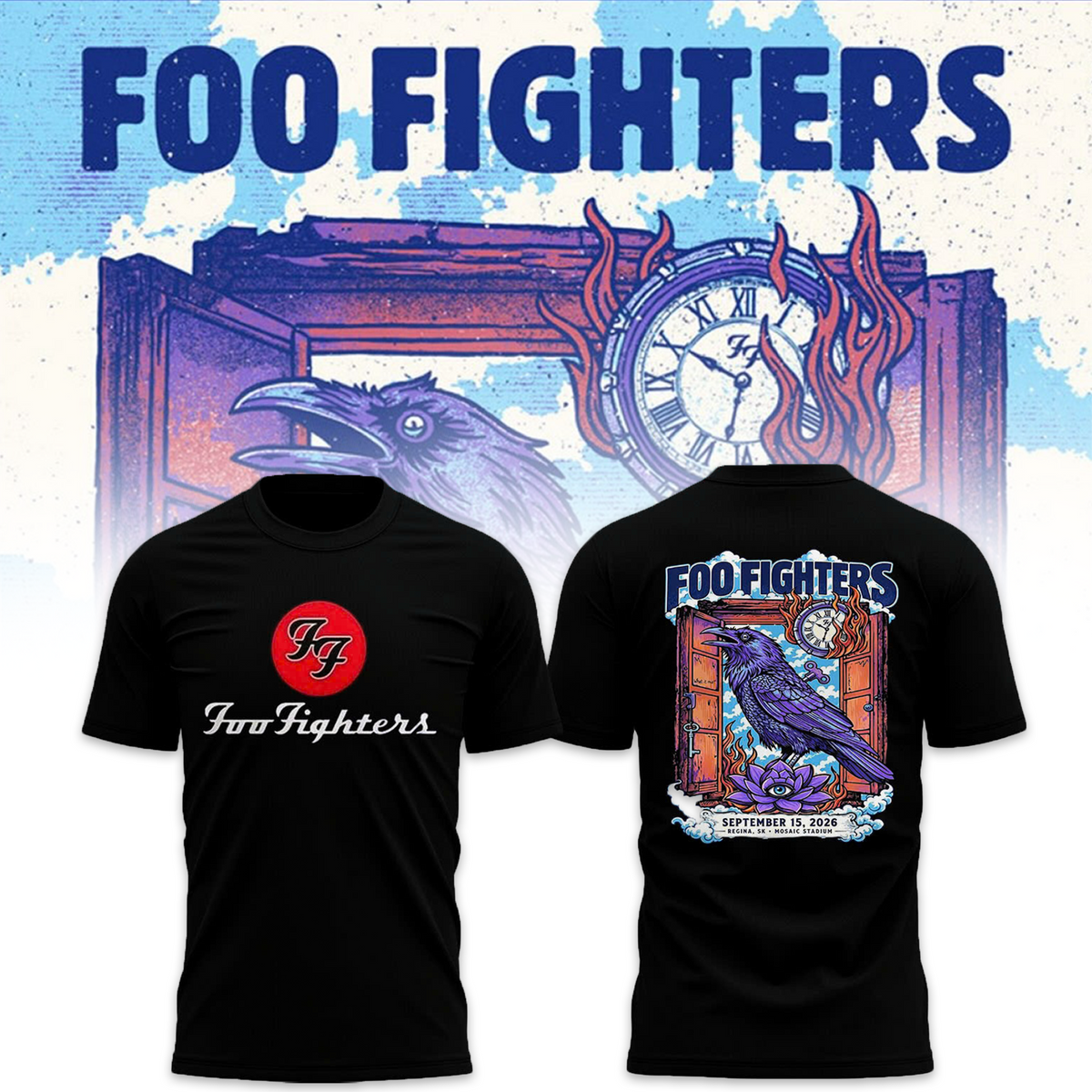 Foo Fighters Tour Poster Artwork Featuring Purple Raven Clock And Lotus Flower Tshirt