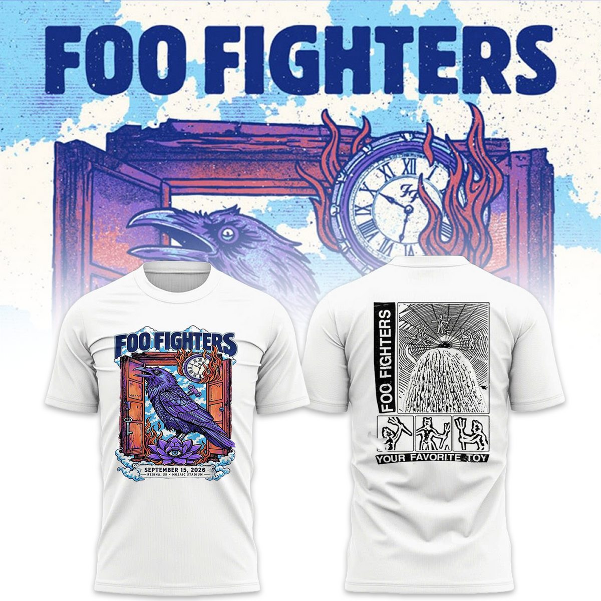 Foo Fighters Tour Poster Artwork Featuring Purple Raven Clock And Lotus Flower Tshirt