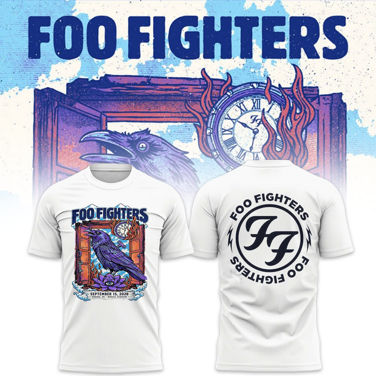 Foo Fighters Tour Poster Artwork Featuring Purple Raven Clock And Lotus Flower Tshirt