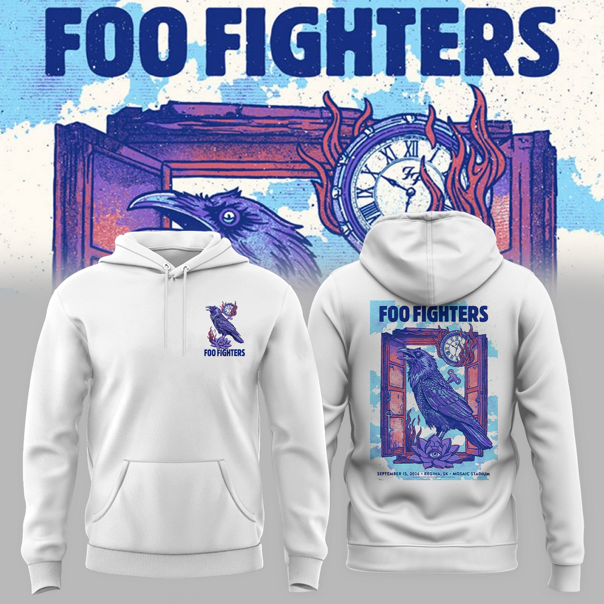 Foo Fighters Tour Poster Artwork Featuring Purple Raven Clock And Lotus Flower Hoodie