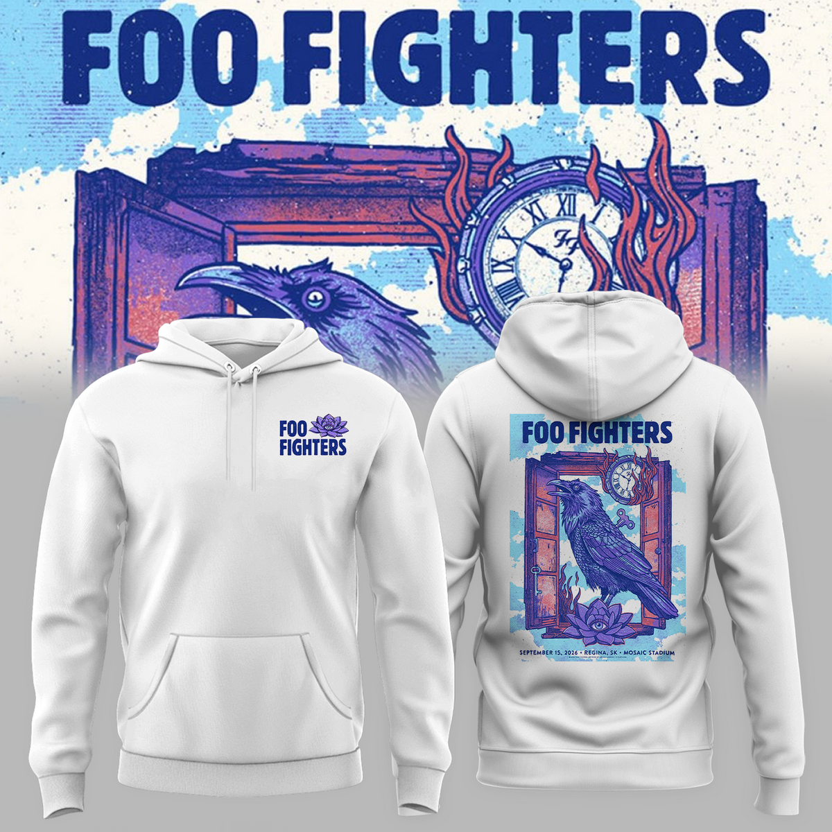 Foo Fighters Tour Poster Artwork Featuring Purple Raven Clock And Lotus Flower Hoodie