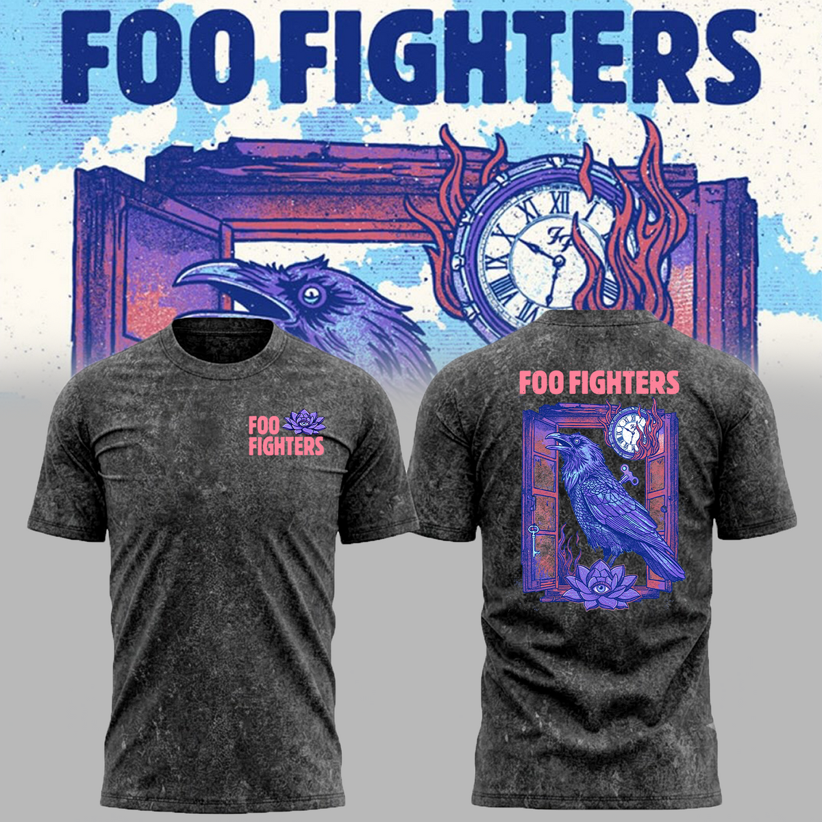 Foo Fighters Tour Poster Artwork Featuring Purple Raven Clock And Lotus Flower Tshirt