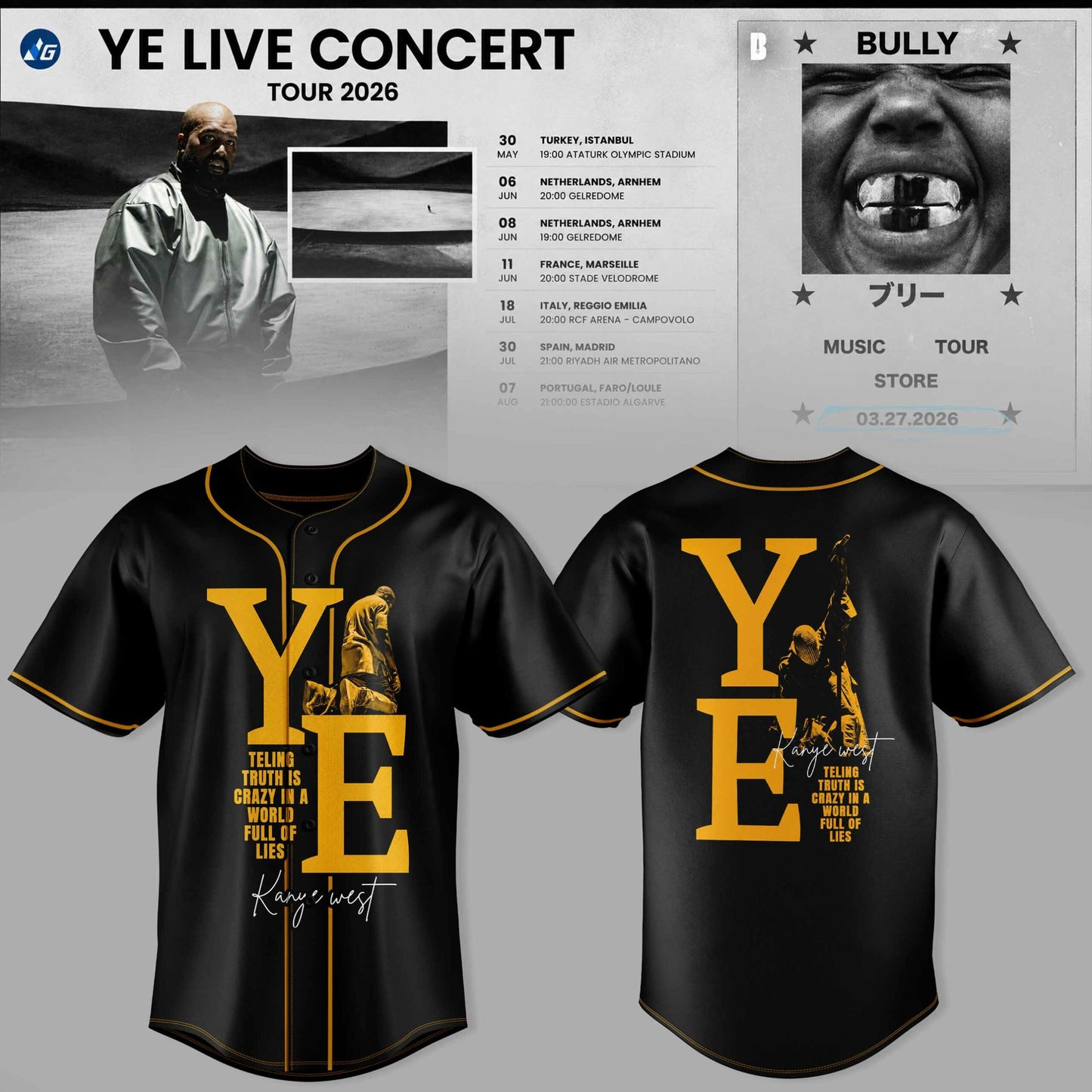 Bully Live Concert Tour 2026 Premium 3D Baseball Jersey – Vintage Black