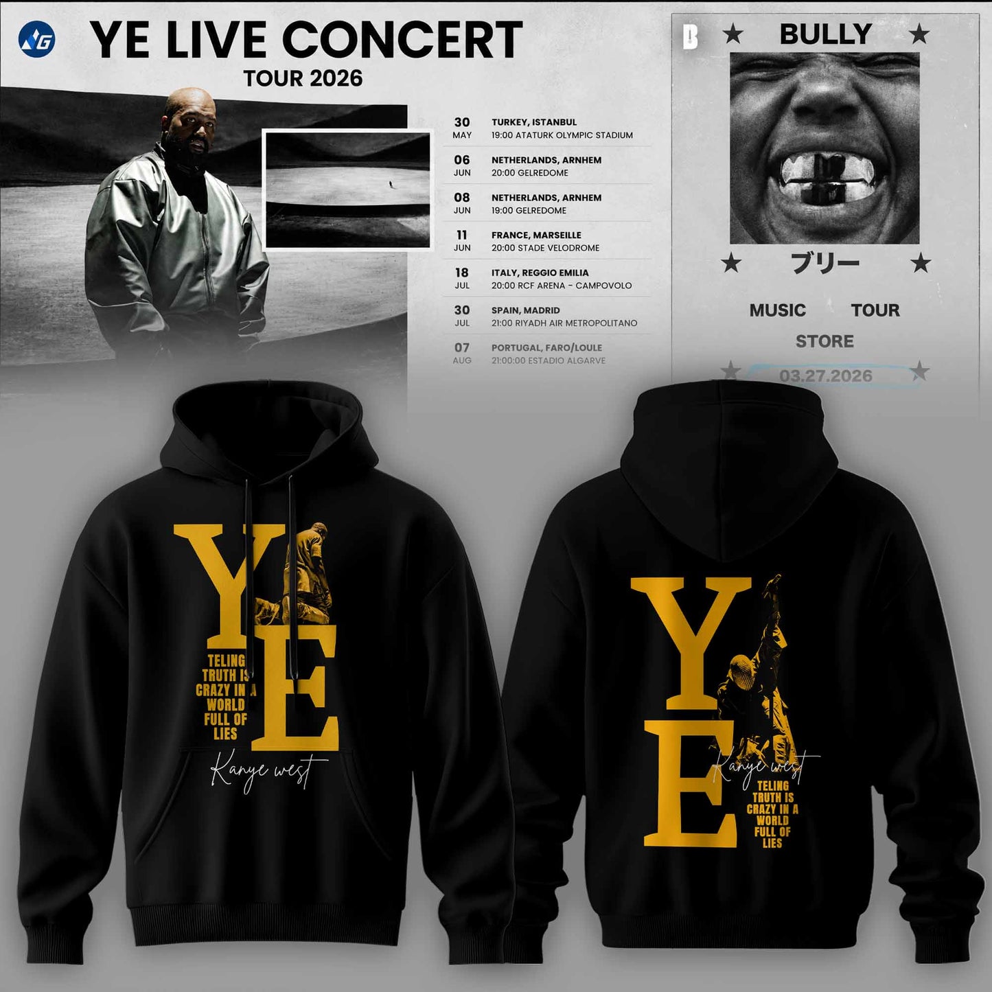 Bully Live Concert Tour 2026 Premium 3D Hoodie – Vintage Black