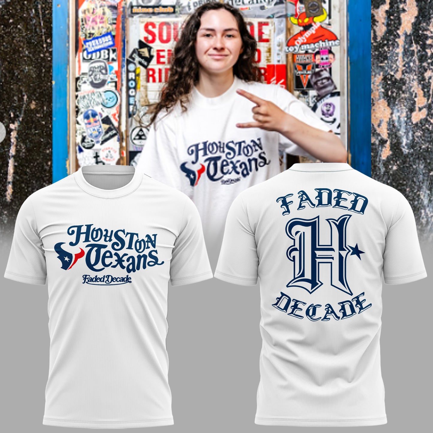 New Edition Houston Texans Collab With Faded Decade Tshirt 2025