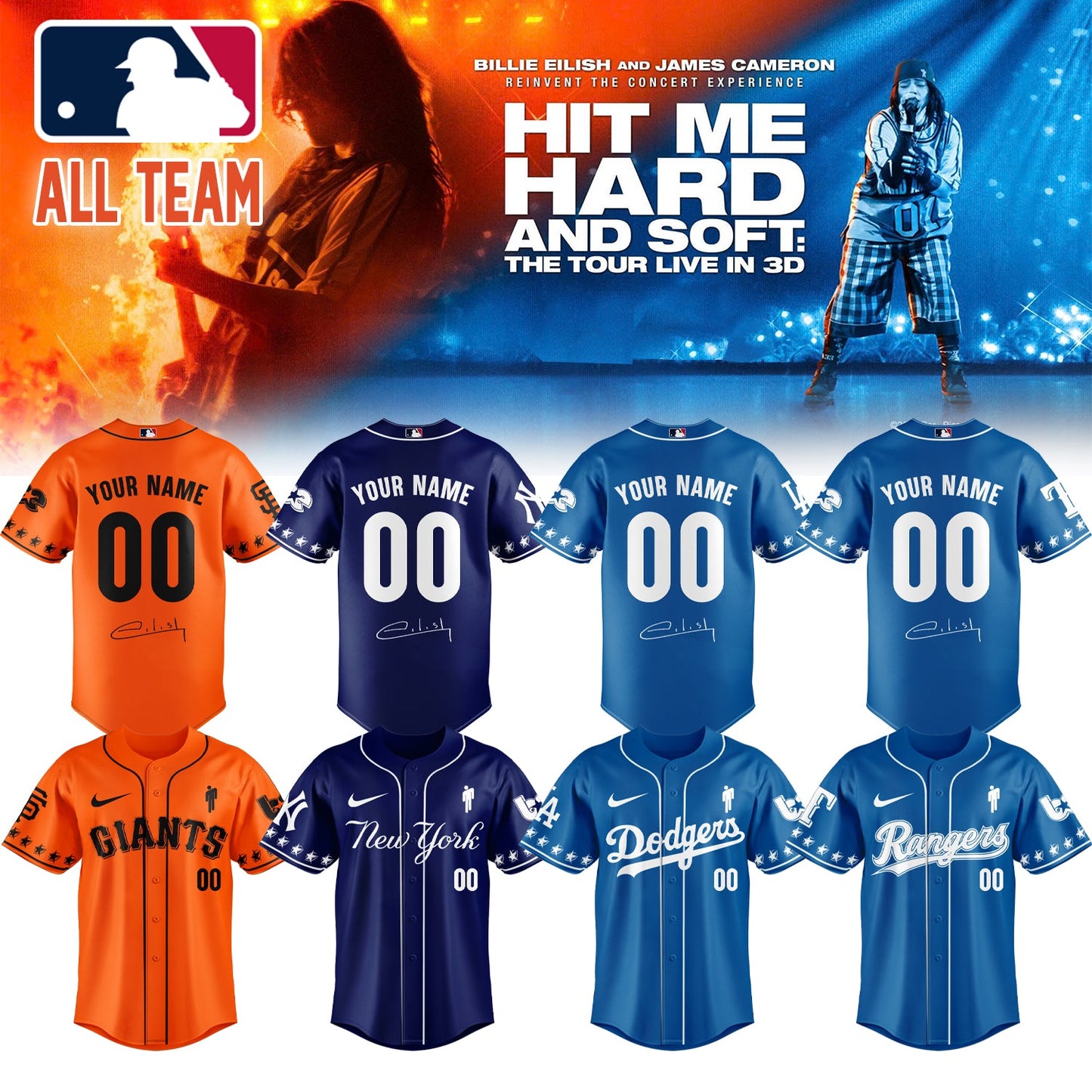 .Baseball x Billie Eilish HIT ME HARD AND SOFT: THE TOUR Jersey 9 (Custom Name & Number)