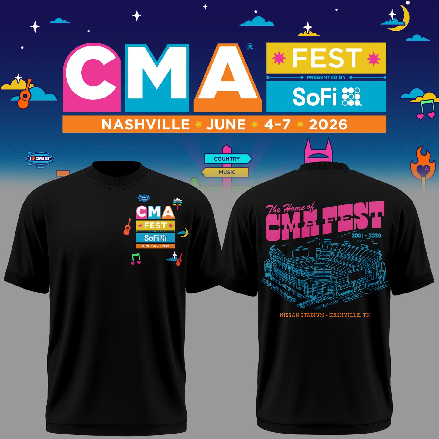 Limited Edition CMA FEST Nissan Stadium Black Tshirt 2026