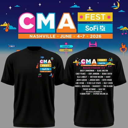 Limited Edition CMA FEST Nissan Stadium All Singers Line Up Black Tshirt 2026