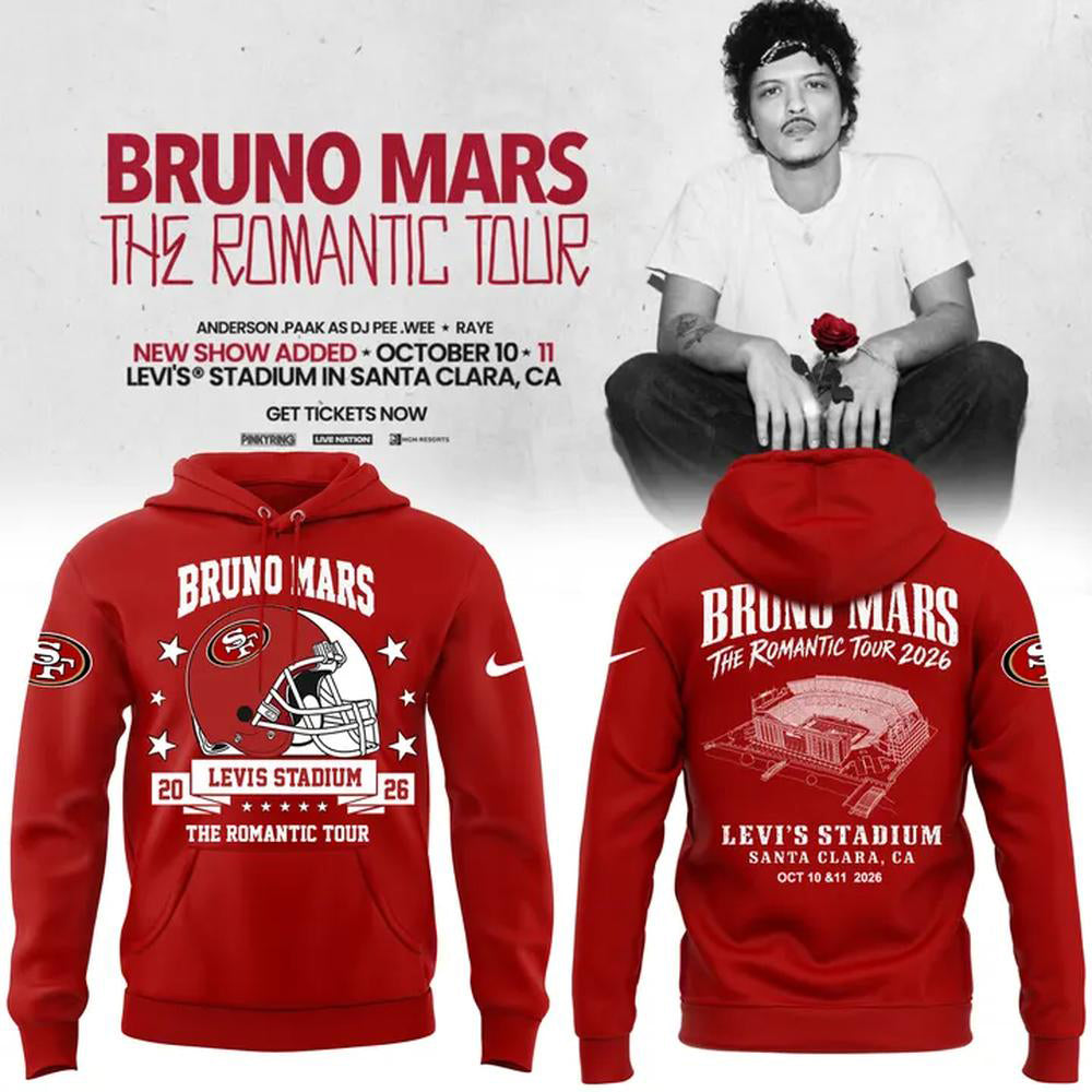 Bruno Mars The Romantic Tour 2026 Santa Clara Red Hoodie