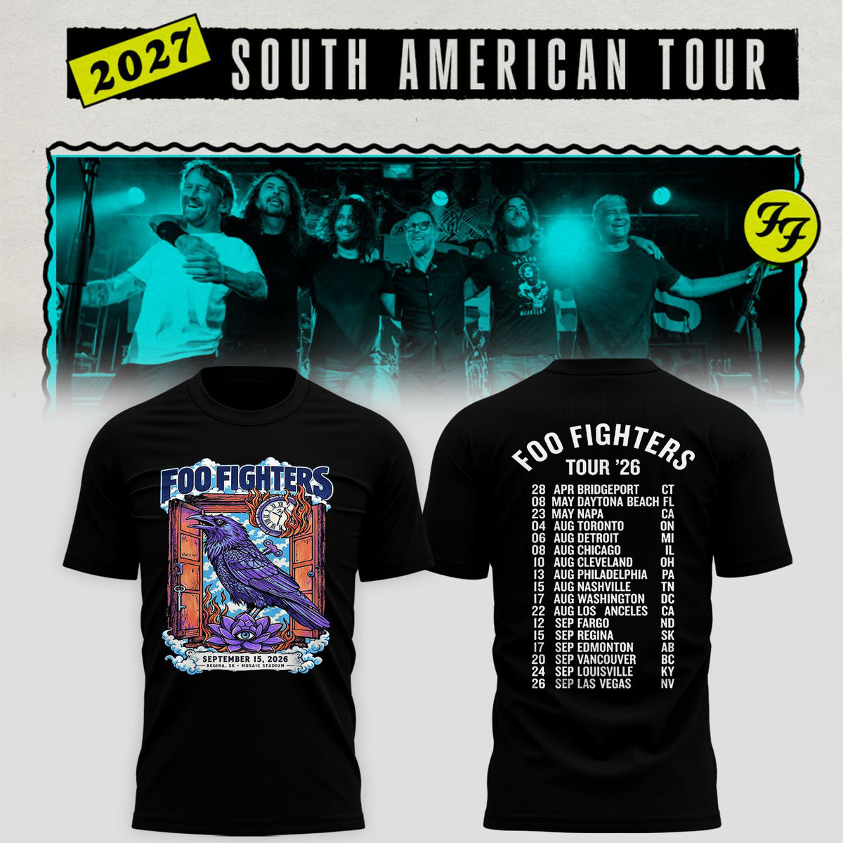 Foo Fighters Tour Poster Artwork Featuring Purple Raven Clock And Lotus Flower T-Shirt