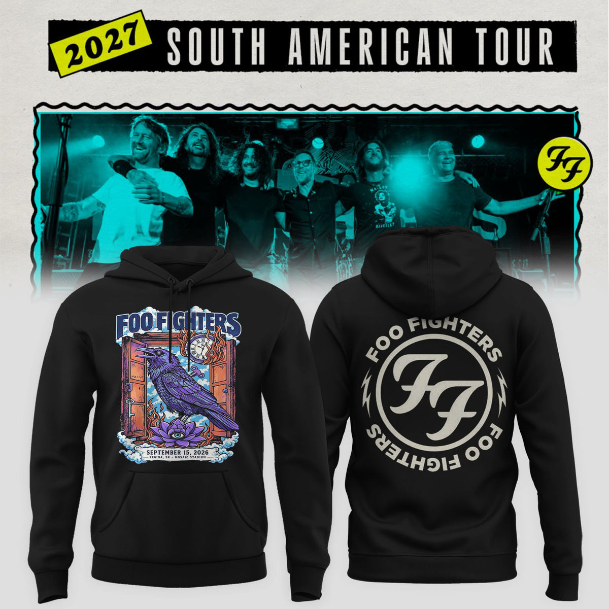 Foo Fighters Tour Poster Artwork Featuring Purple Raven Clock And Lotus Flower Hoodie