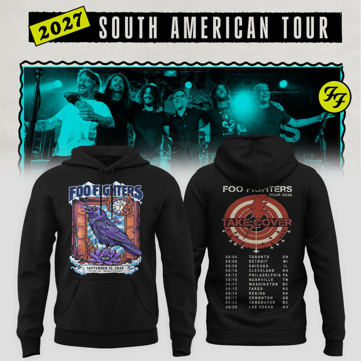 Foo Fighters Tour Poster Artwork Featuring Purple Raven Clock And Lotus Flower Hoodie