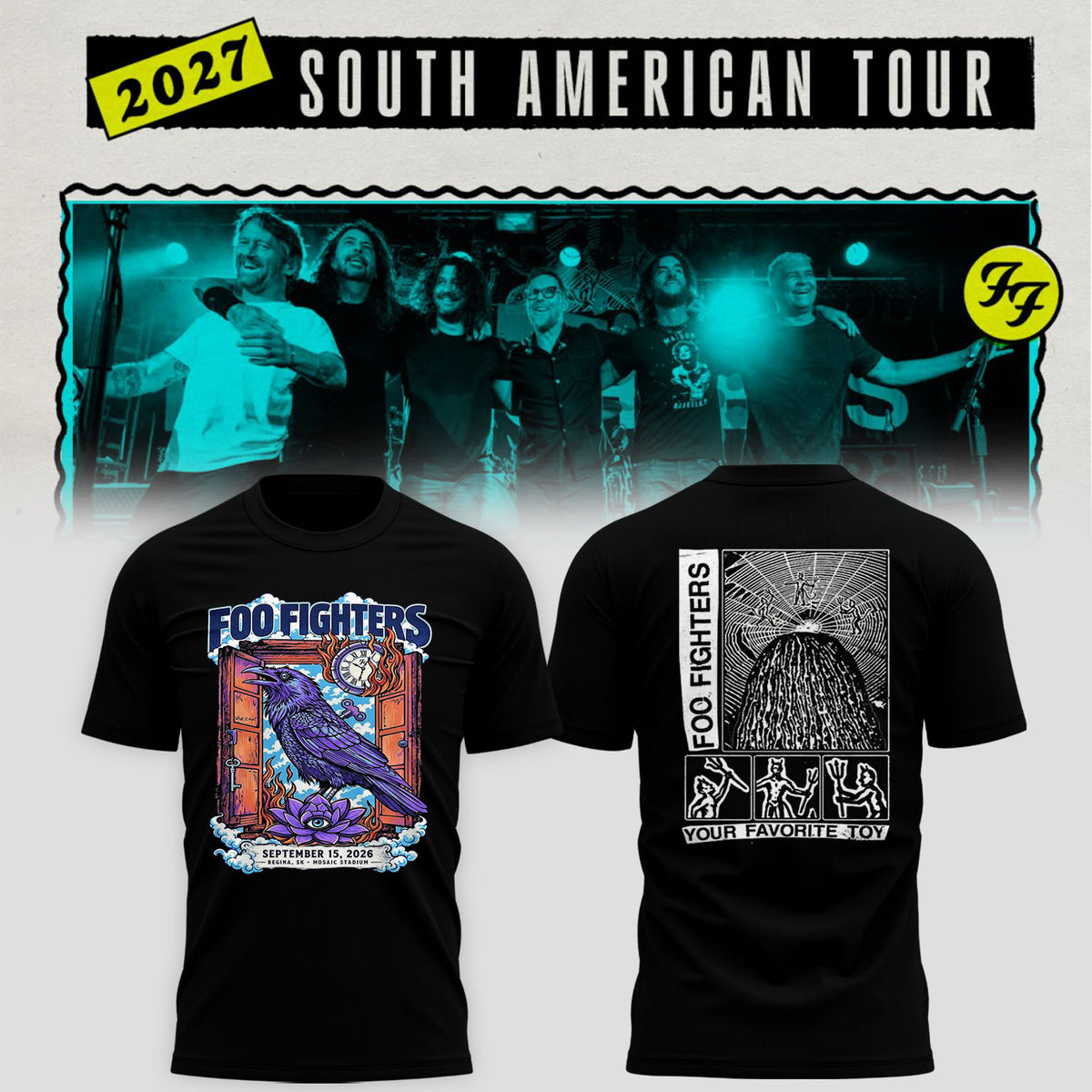 Foo Fighters Tour Poster Artwork Featuring Purple Raven Clock And Lotus Flower T-Shirt