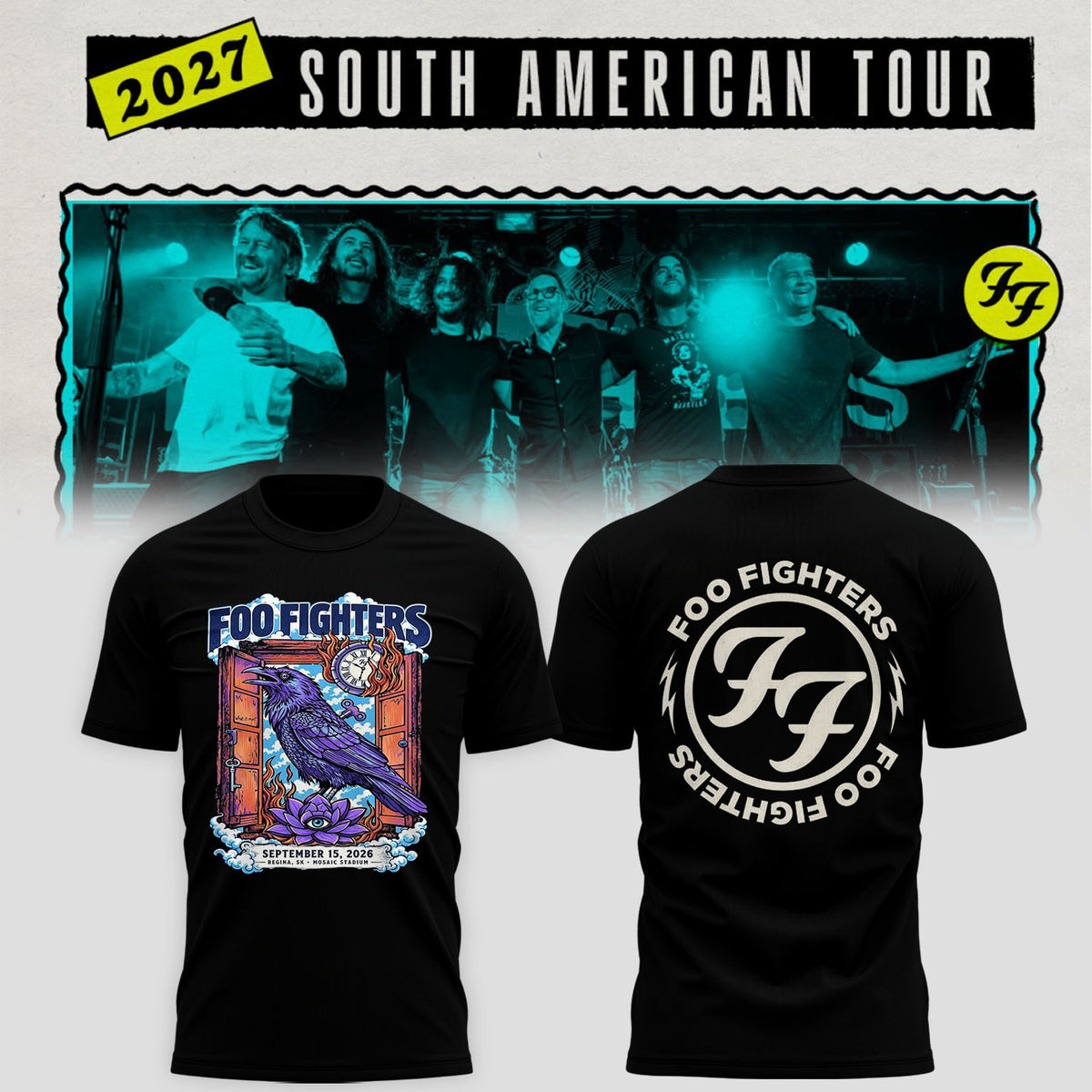 Foo Fighters Tour Poster Artwork Featuring Purple Raven Clock And Lotus Flower T-Shirt