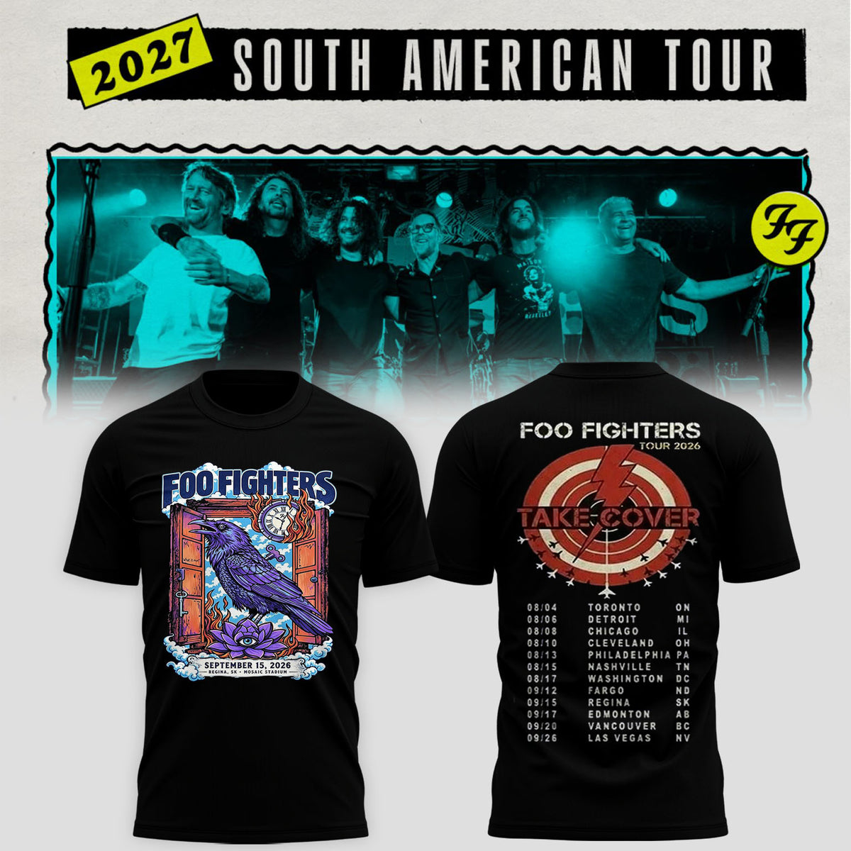 Foo Fighters Tour Poster Artwork Featuring Purple Raven Clock And Lotus Flower T-Shirt