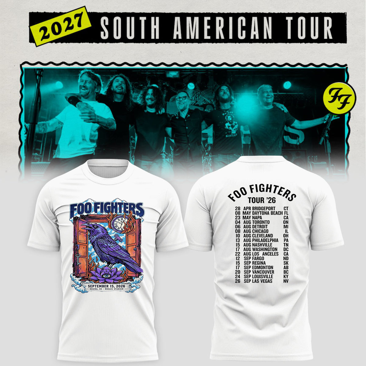 Foo Fighters Tour Poster Artwork Featuring Purple Raven Clock And Lotus Flower T-Shirt
