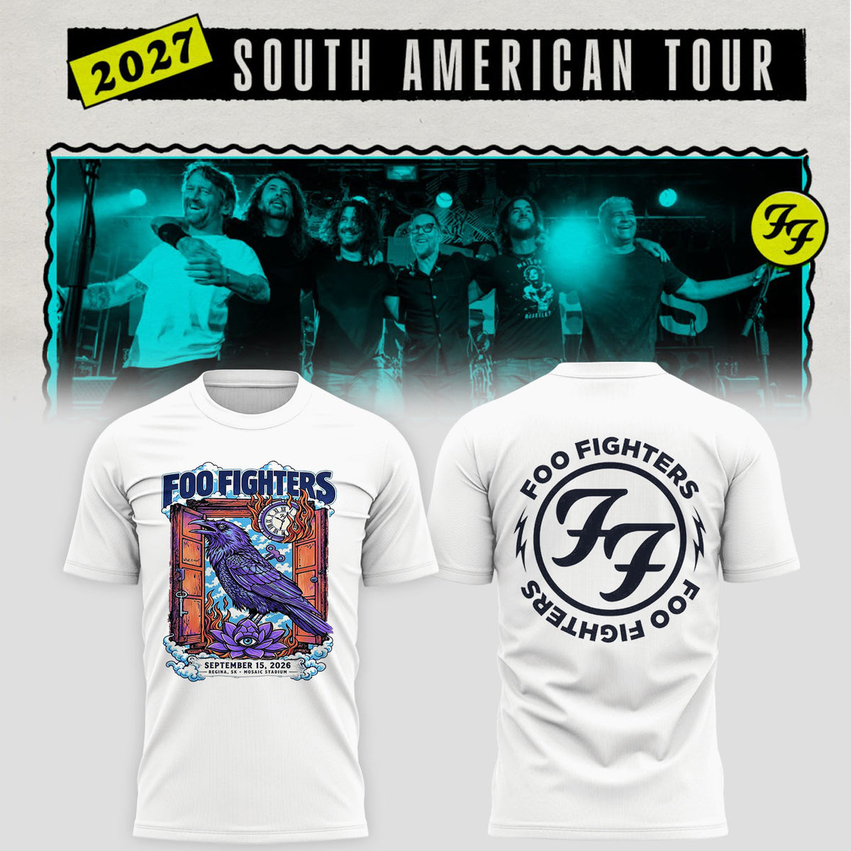 Foo Fighters Tour Poster Artwork Featuring Purple Raven Clock And Lotus Flower T-Shirt