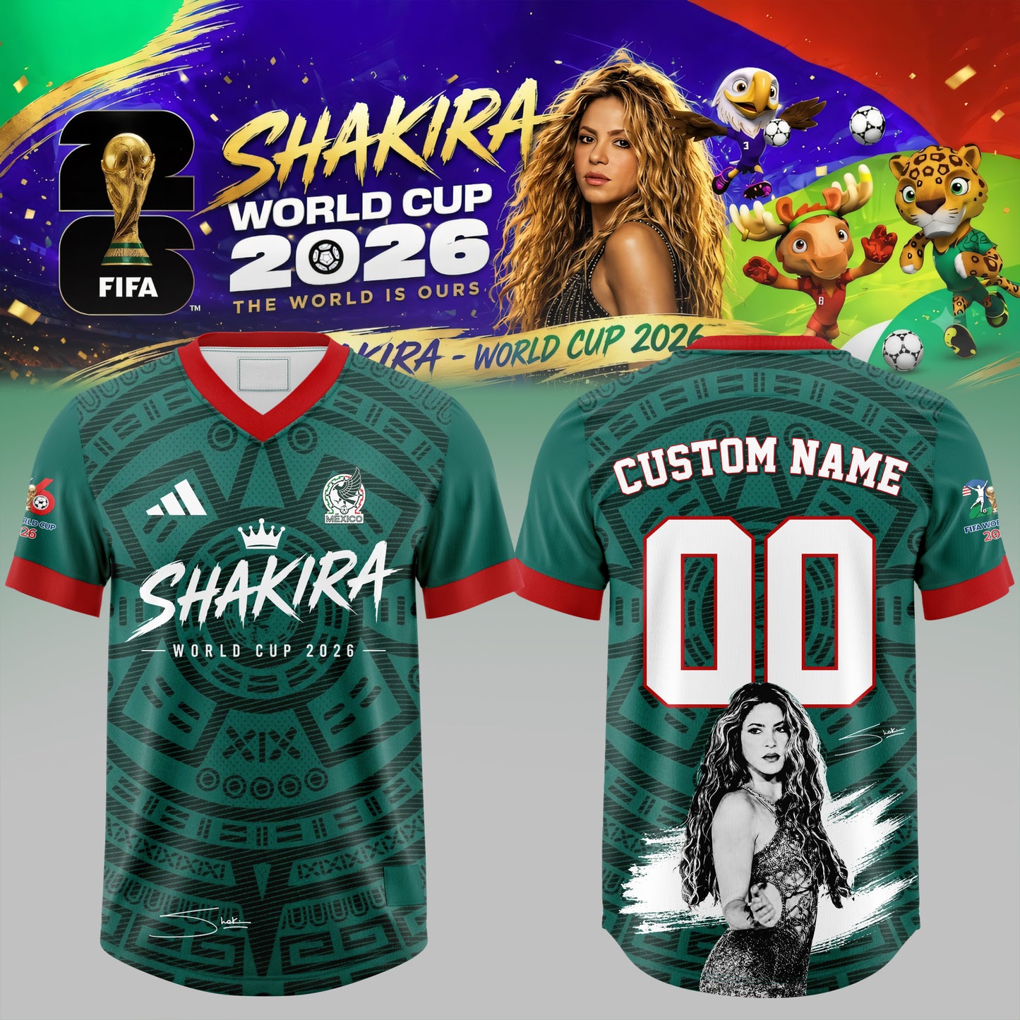 Shakira x Mexico collection of 2026 World Cup football jerseys.