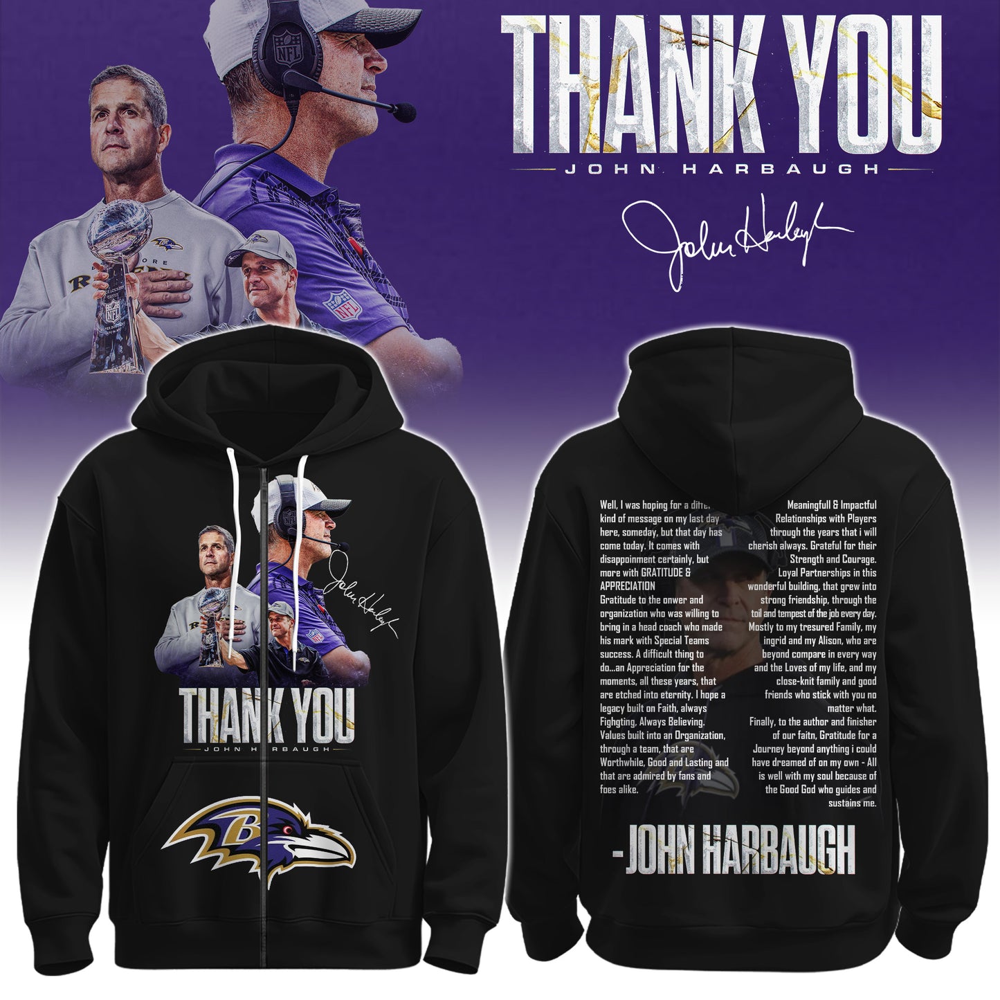 BAL Ravens Coach “John Harbaugh” Appreciation Zip Hoodie