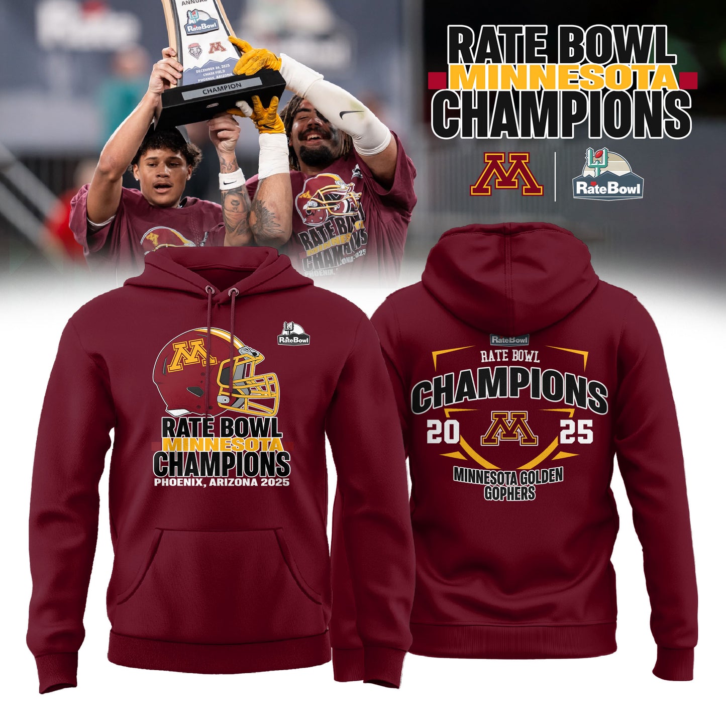 Minnesota Golden Gophers 2025 Rate Bowl Champions Hoodie