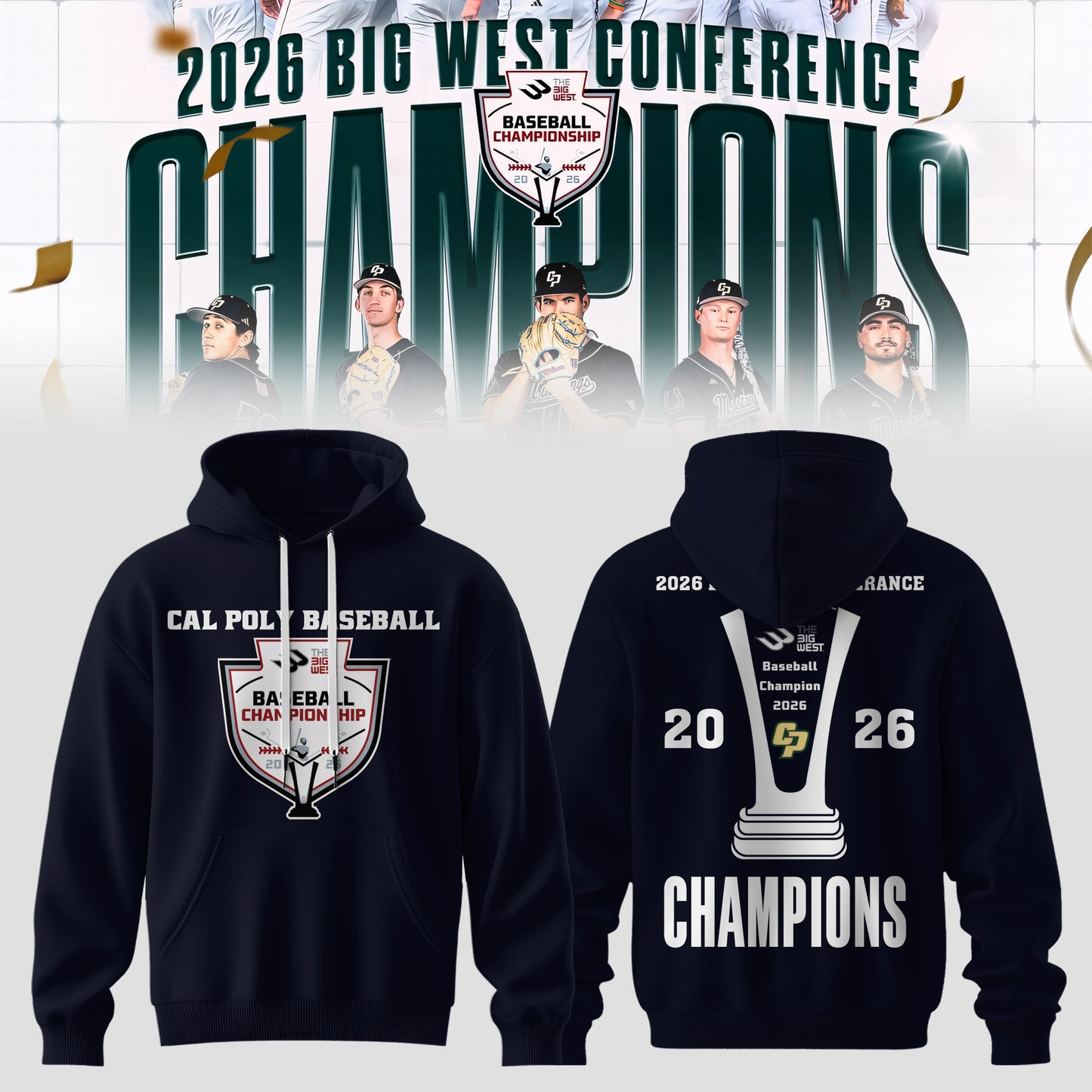 _Big West Conference 2026 Champions – Cal Poly Mustangs Baseball Hoodie