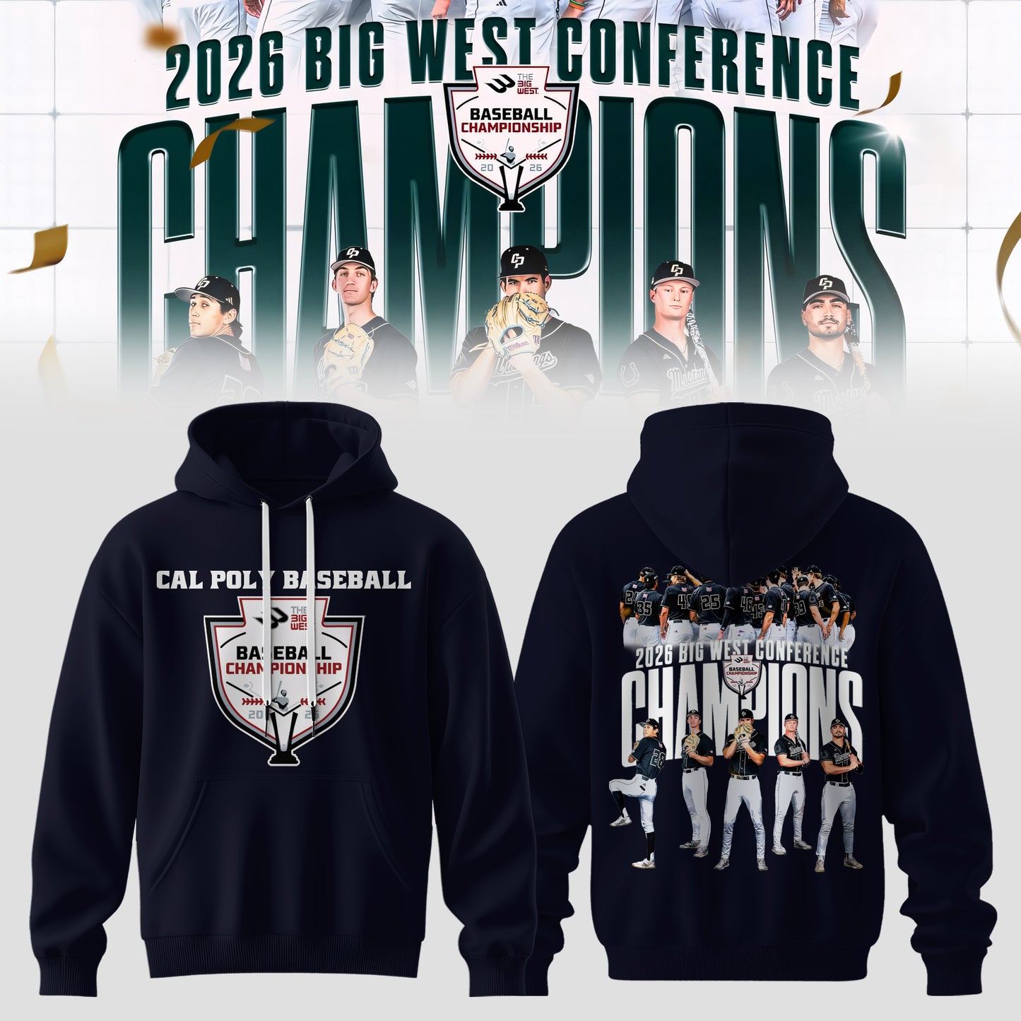_Big West Conference 2026 Champions – Cal Poly Mustangs Baseball Hoodie