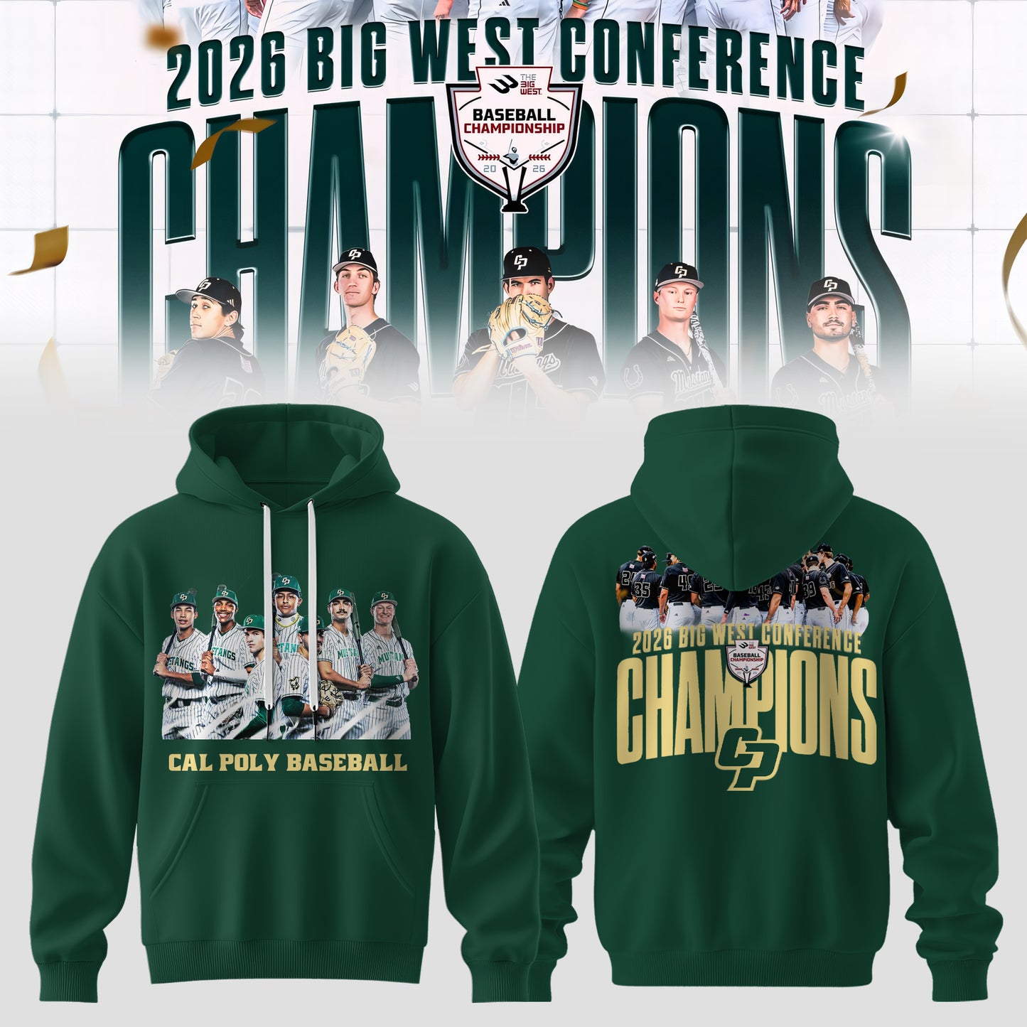 _Big West Conference 2026 Champions – Cal Poly Mustangs Baseball Hoodie