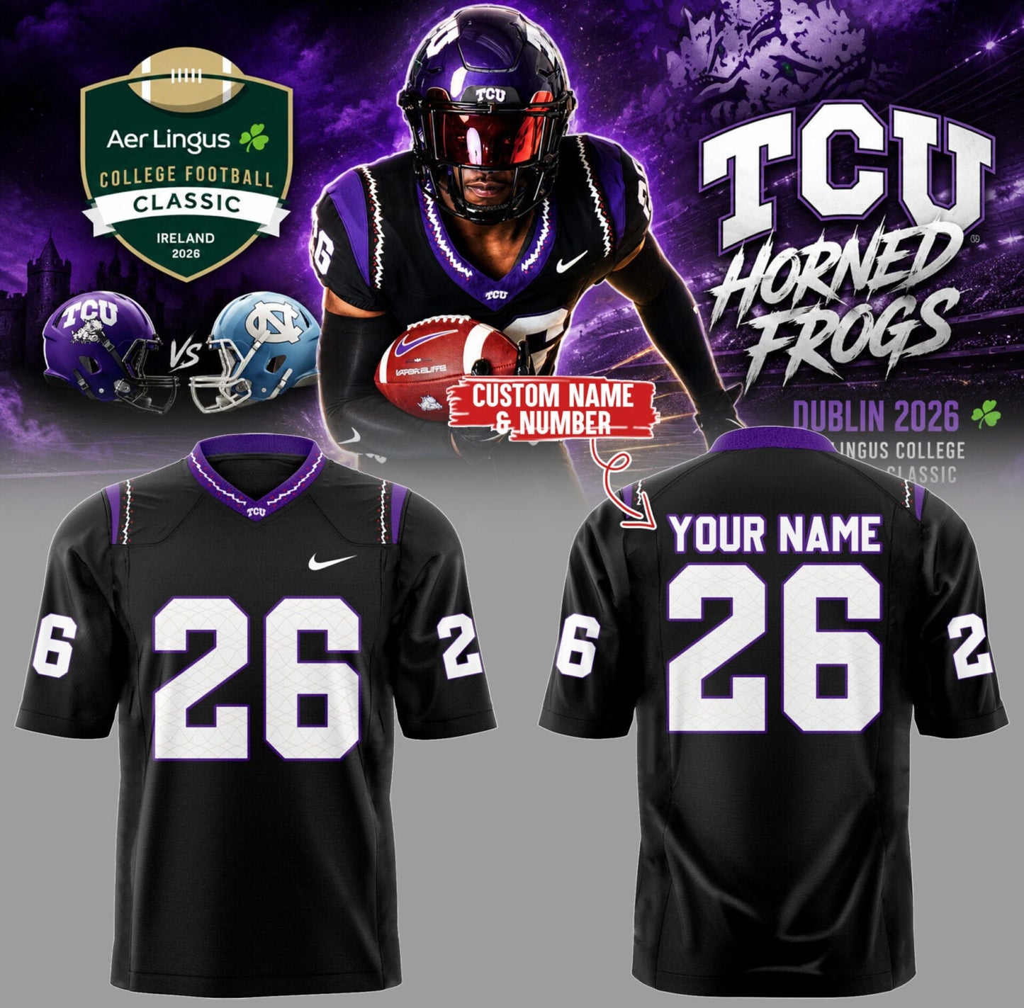 TCU x Aer Lingus College Football Classic 🏈☘️ Custom Football Jersey