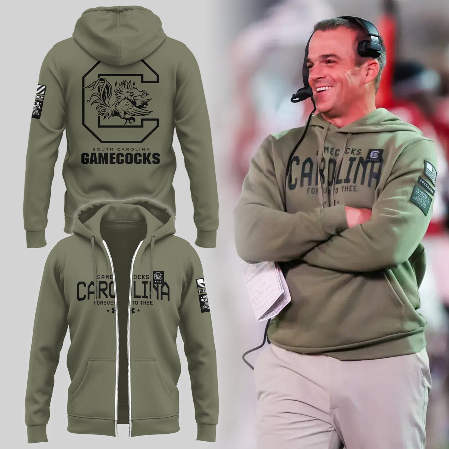 Limited Edition Men’s SC Gamecocks FB Thyme Freedom Fleece Crew Military Zip Hoodie-PU113024120