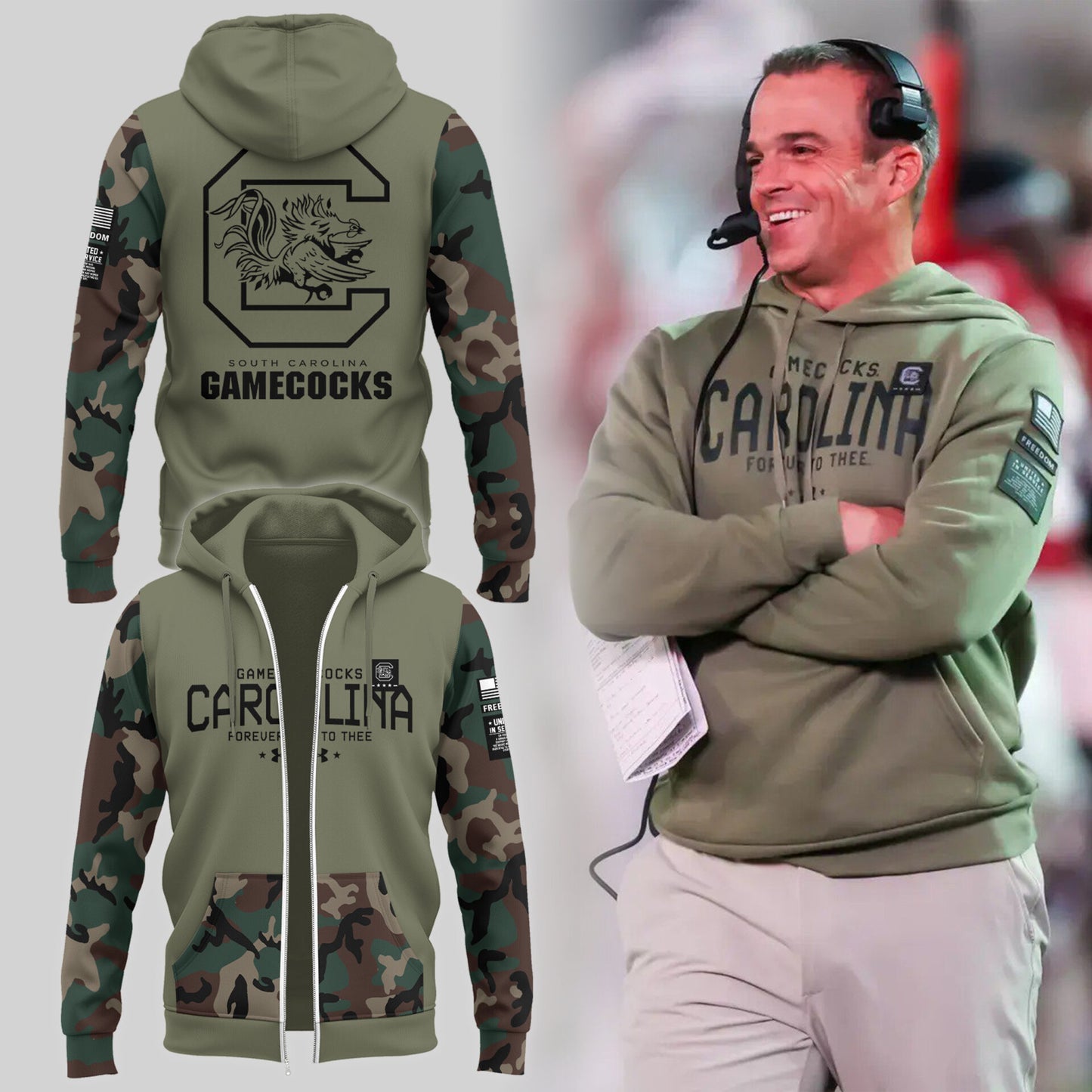 Limited Edition Men’s SC Gamecocks FB Thyme Freedom Fleece Crew Military Zip Hoodie-PU113024121