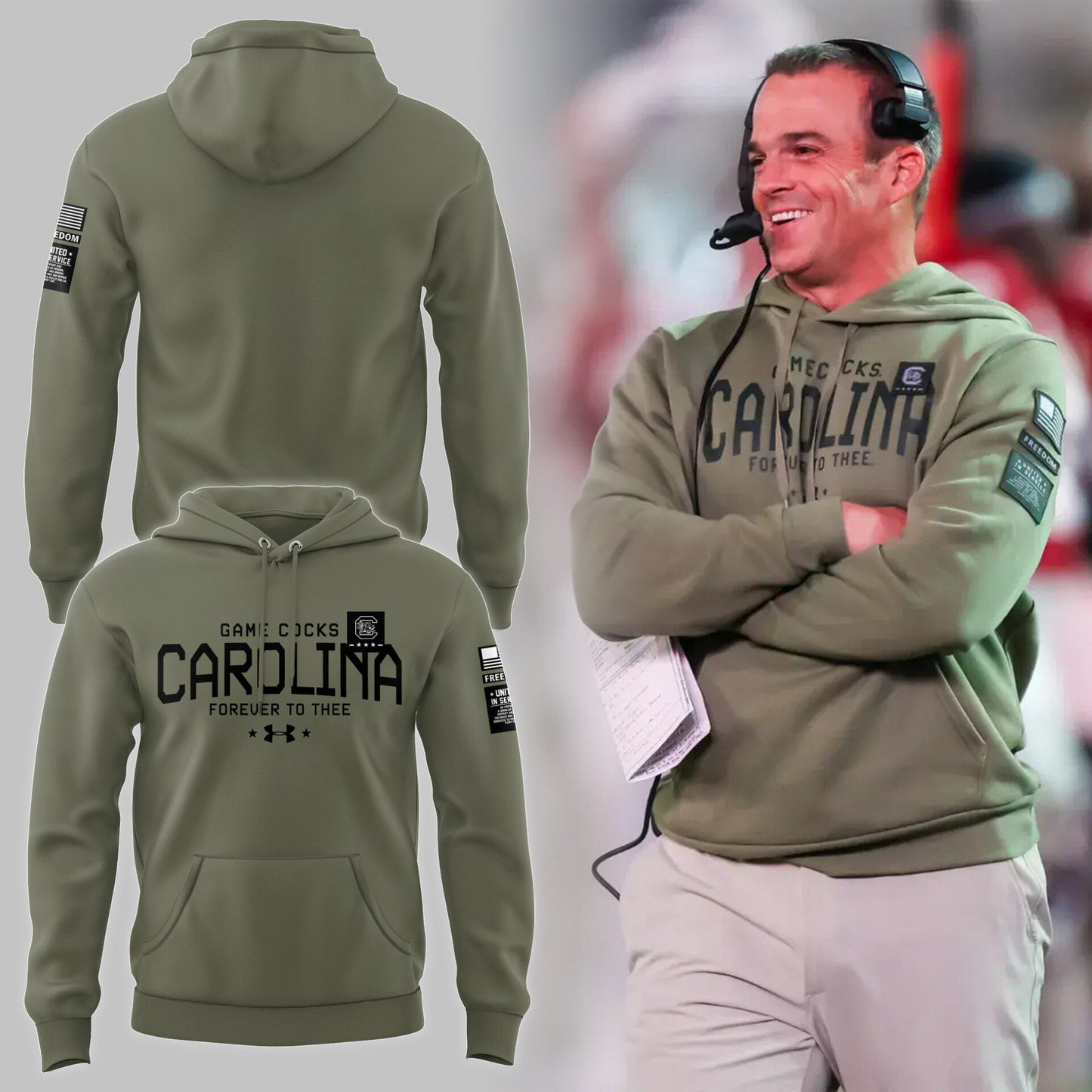 Limited Edition Men’s SC Gamecocks FB Thyme Freedom Fleece Crew Military Hoodie-PU113024122