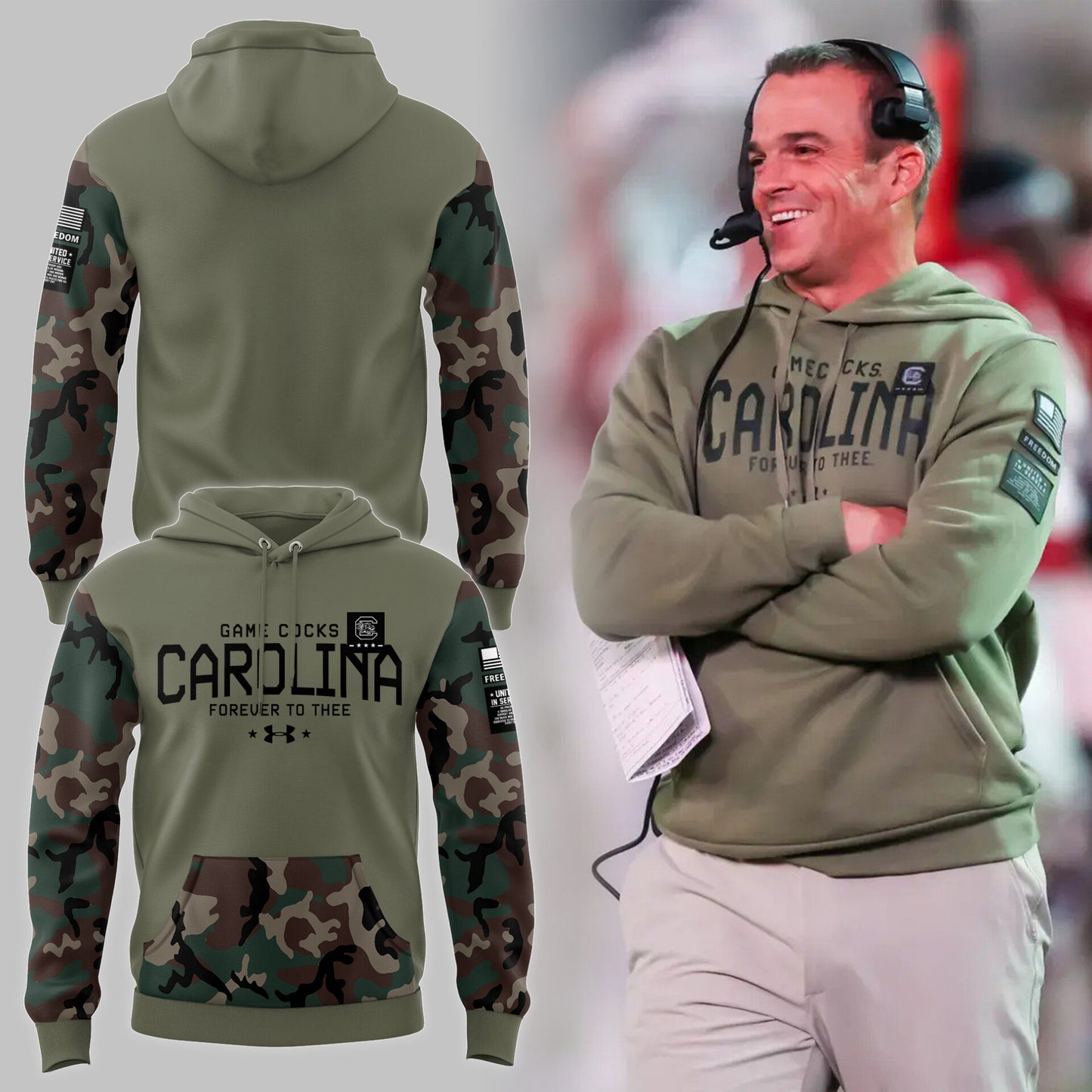 Limited Edition Men’s SC Gamecocks FB Thyme Freedom Fleece Crew Military Hoodie-PU113024123