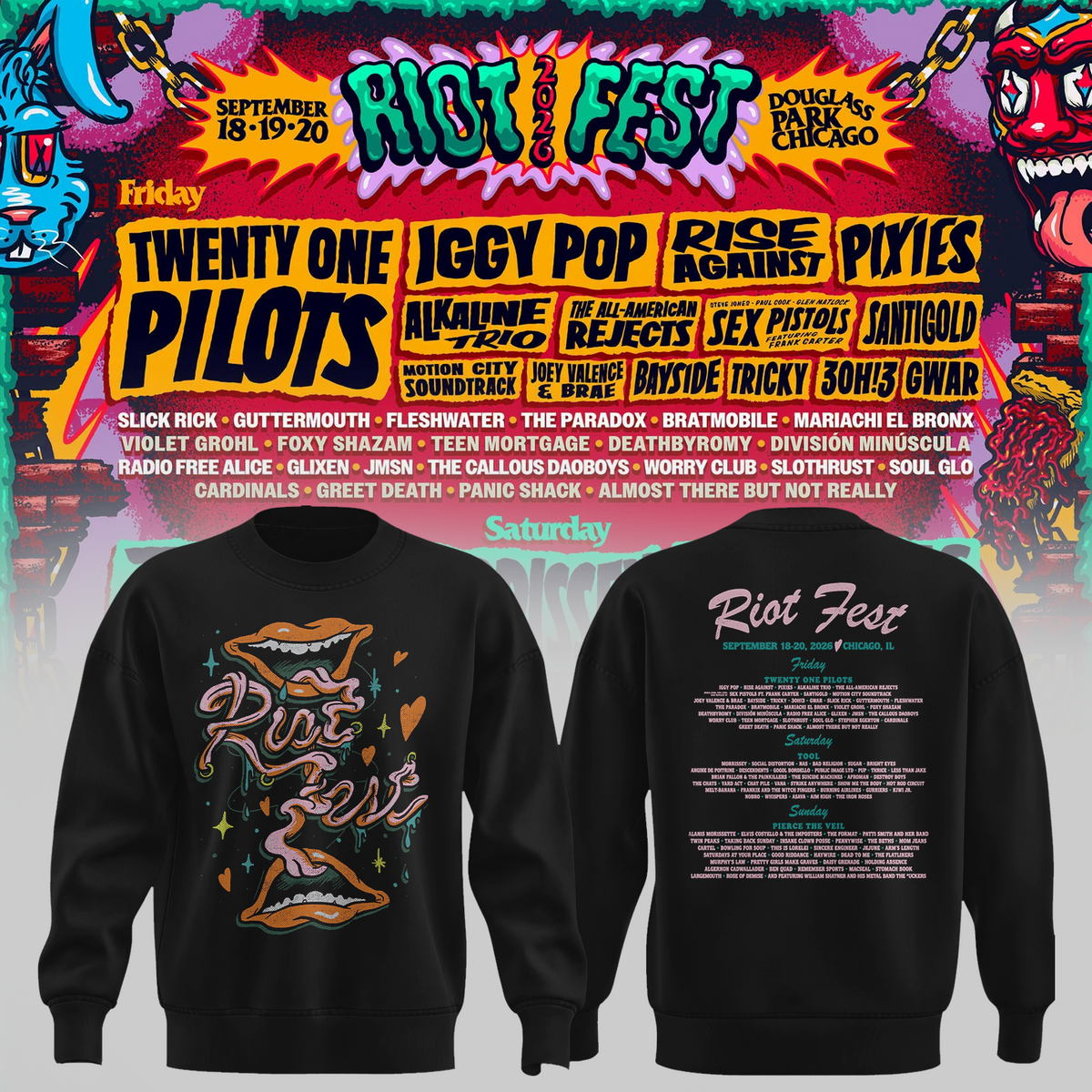 Riot Fest Collection Merch Chicago IL, September 18 20 2026 Two Sided Unisex Sweater
