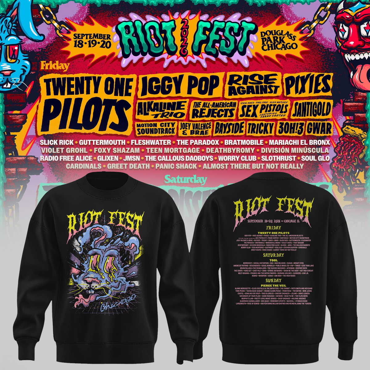 Riot Fest Collection Merch Chicago IL, September 18 20 2026 Two Sided Unisex Sweater