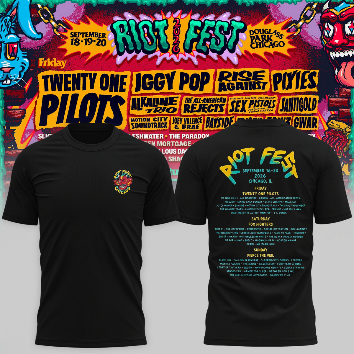 Riot Fest Collection Merch Chicago IL, September 18 20 2026 Two Sided Unisex T Shirt