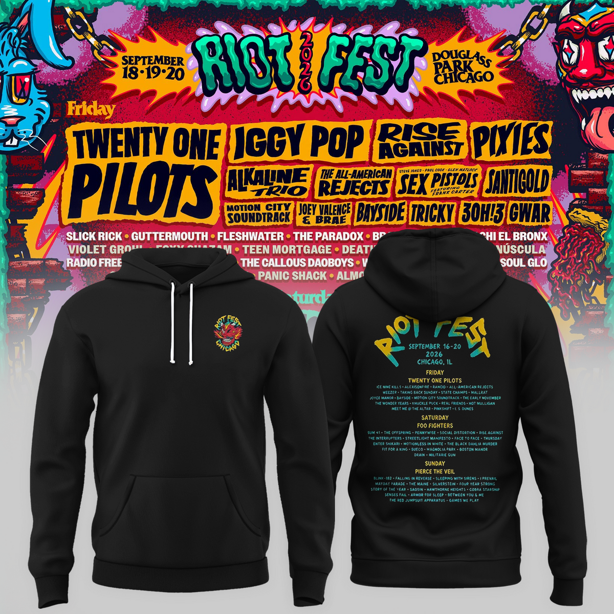 Riot Fest Collection Merch Chicago IL, September 18 20 2026 Two Sided Unisex Hoodie