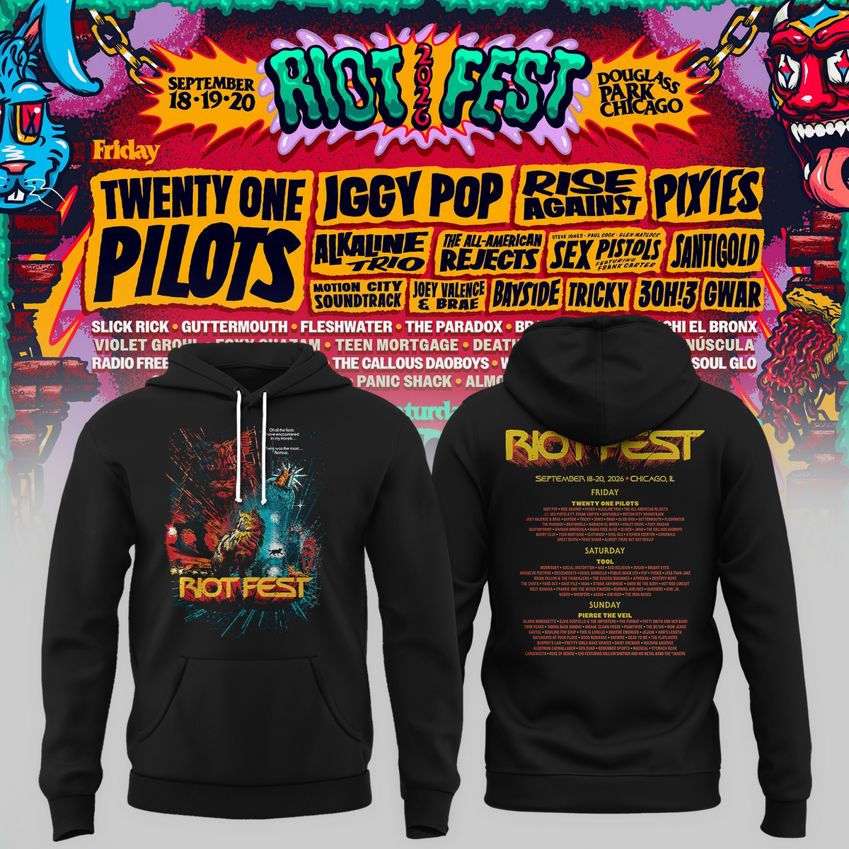 Riot Fest Collection Merch Chicago IL, September 18 20 2026 Two Sided Unisex Hoodie