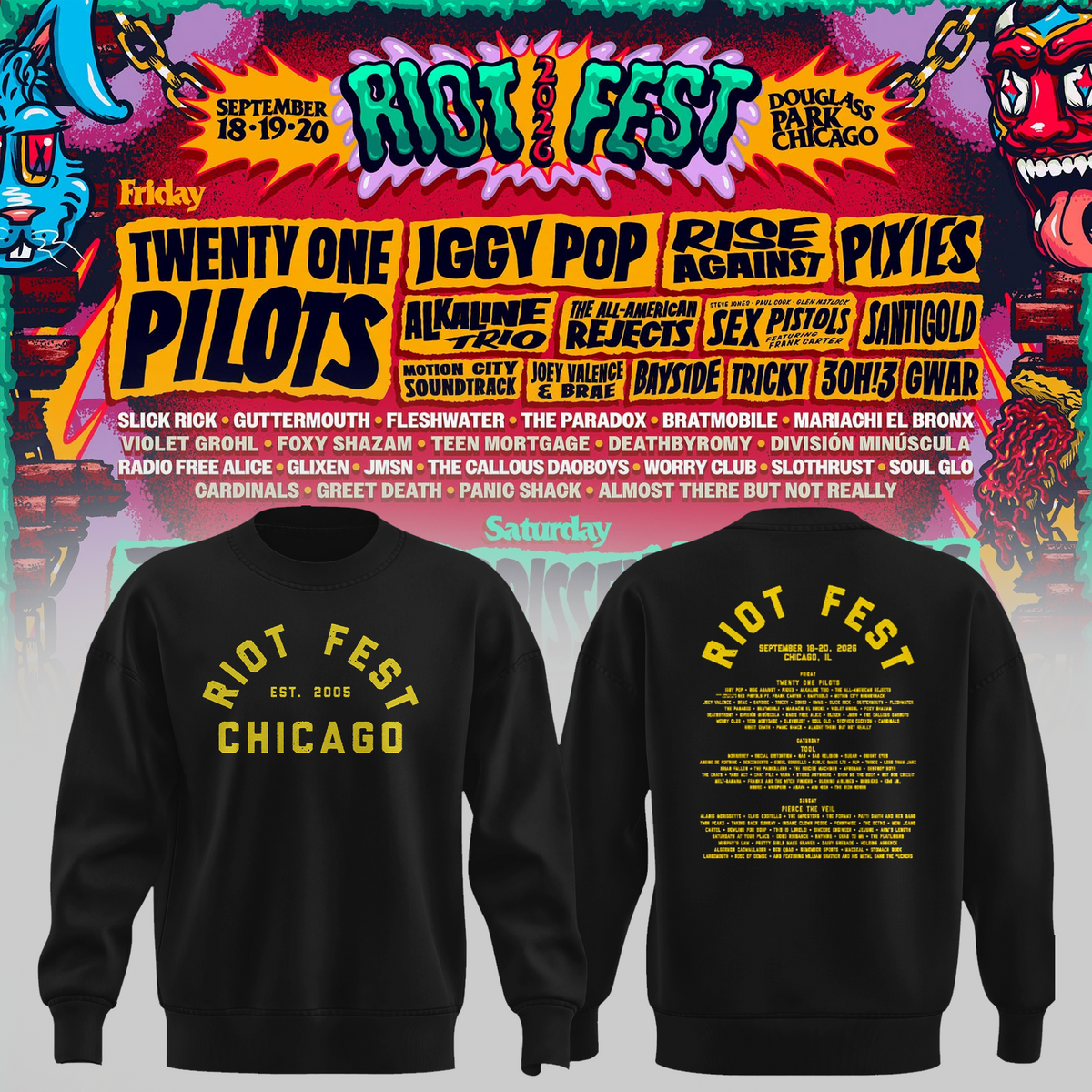 Riot Fest Collection Merch Chicago IL, September 18 20 2026 Two Sided Unisex Sweater